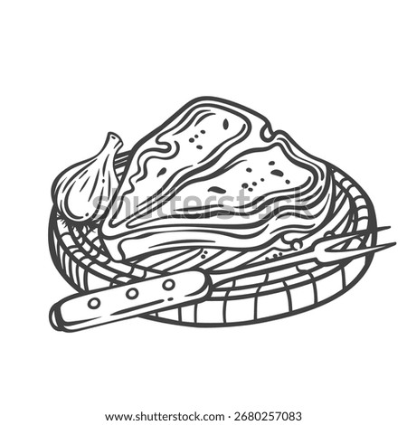 Tbone raw beef steak on wooden board line icon. Outline hand drawn sketch of gourmet juicy beefsteak with fork and garlic. BBQ meat, restaurant menu mascot, fresh cow meat steak vector illustration