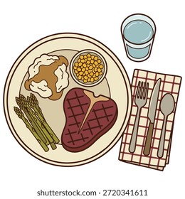 T-Bone Steak with Asparagus Corn and Mashed Potatoes Meal Vector Illustration