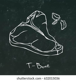 T-Bone Steak Cut Vector Isolated On Chalkboard Background Outline