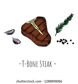 T-Bone Steak. Isolated objects on a white background. Vector cartoon illustration. Hand-drawn style.