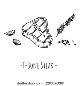 T-Bone Steak. Isolated objects on a white background. Vector cartoon illustration. Hand-drawn style.
