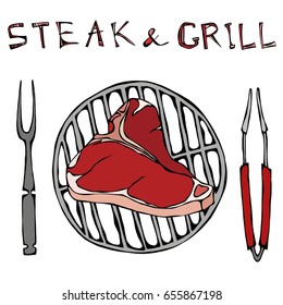 T-Bone Steak on the Grill for Barbecue, Tongs and Fork. Lettering Steak and Grill. Isolated On a White Background. Realistic Hand Drawn Sketch Vector Illustration. Savoyar Doodle Style.