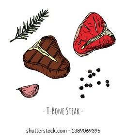 T-Bone Steak. Raw and grilled. Isolated objects on a white background. Vector cartoon illustration. Hand-drawn style.