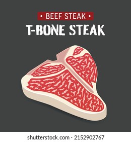 T-bone steak, raw marble beef steak vector illustration isolated on black background