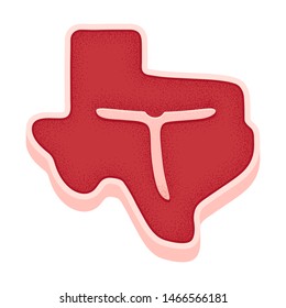 T-bone Steak In Shape Of Texas Map. Classic American Bbq Meat, Vector Clip Art Illustration. Vintage Print Texture.