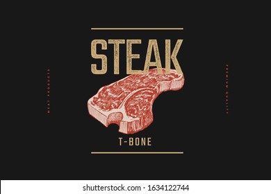 T-bone Steak Vector Illustration. Hand-drawn Slice Of Meat Tenderloin On Black Background. Concept Of Fresh Farm Products. Design Element For Menu, Flyer, Poster Of Butcher Shop, Market, Restaurant.