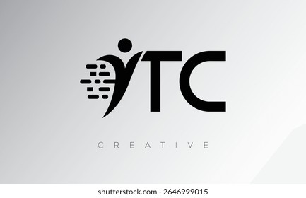 Logotipo de monograma digital creativo de TC: diseño futurista de marca de letras con forma humana, movimiento de píxeles y estilo tecnológico mínimo para una identidad de marca innovadora