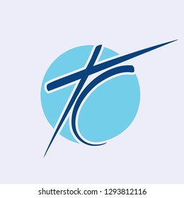 TC monogram logo.Typographic circular icon with letter t and letter c in blue color palette isolated on light background.Lettering sign with initials.