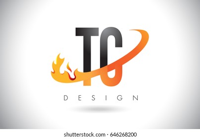 TC T C Letter Logo Design with Fire Flames and Orange Swoosh Vector Illustration.