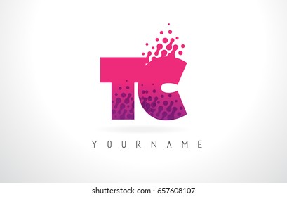 TC T C Letter Logo with Pink Letters and Purple Color Particles Dots Design.