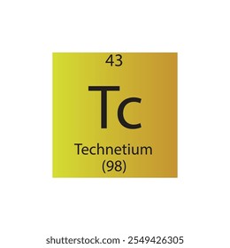 Tc Technetium Transition metal Chemical Element Tabla periódica. Ilustración vectorial cuadrada plana simple, icono de estilo limpio simple con masa molar y número atómico para laboratorio, ciencia o clase de química.