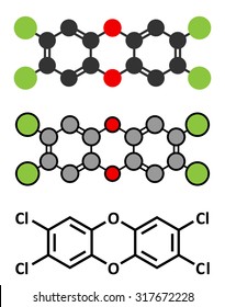 TCDD polychlorinated dibenzodioxin pollutant molecule (commonly called dioxin). Byproduct formed during incineration of chlorine-containing materials. Stylized 2D renderings. 