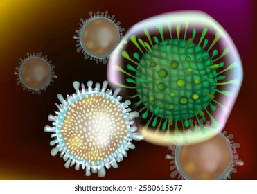 T-cell attacking a virus. T Cell Immune Response Illustration. Microscopic View of Immune System Cell. T-Lymphocyte and Virus