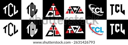 TCL letter logo design in six style. TCL polygon, circle, triangle, hexagon, flat and simple style with black and white color variation letter logo set in one artboard. TCL minimalist and classic logo