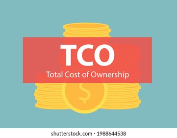 TCO Total Cost of Ownership banner over stack of dollar coins- vector illustration