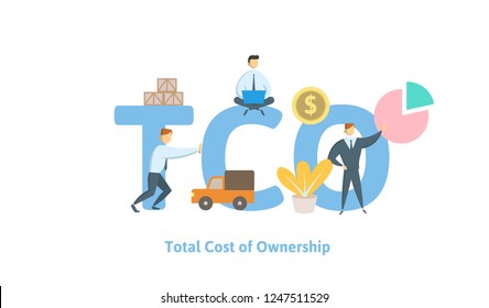 TCO, Total Cost of Ownership. Concept with keywords, letters and icons. Colored flat vector illustration on white background.