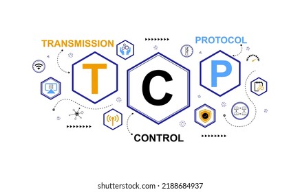 Palabra clave de icono TCP con diseño plano - acrónimo del protocolo de control de transmisión, fondo de concepto de negocio. Ilustración vectorial para banner de sitio web, materiales de marketing, presentación de negocios, online.