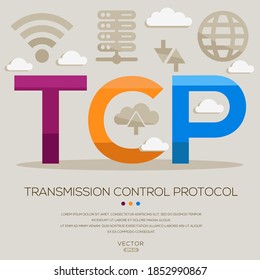 TCP-Mittelwert (Transmission Control Protocol) Computer- und Internet-Akronyme, Buchstaben und Symbole , Vektorgrafik.
