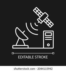 TCP over satellite white linear icon for dark theme. Global telecommunications network connection. Thin line customizable illustration. Isolated vector contour symbol for night mode. Editable stroke