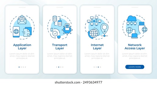 TCP-IP blue onboarding mobile app screen. Protocol layers walkthrough 4 steps editable graphic instructions with linear concepts. UI, UX, GUI template