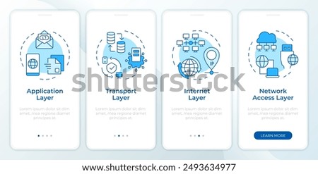 TCP-IP blue onboarding mobile app screen. Protocol layers walkthrough 4 steps editable graphic instructions with linear concepts. UI, UX, GUI template