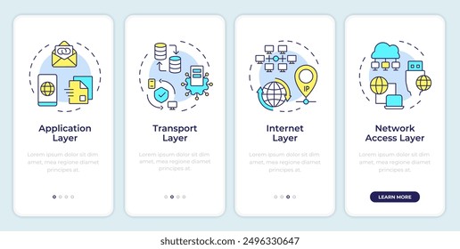 TCP-IP onboarding mobile app screen. Protocol layers walkthrough 4 steps editable graphic instructions with linear concepts. UI, UX, GUI template