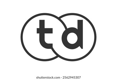 TD business company emblem with outline rounds and letters t d. Logo template of two merged circles for brand identity, logotype. Vector Infinity symbol  and technology sign.