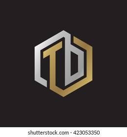 TD initial letters looping linked hexagon elegant logo golden silver black background