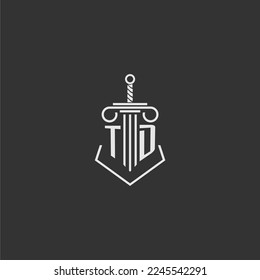 TD initial monogram law firm with sword and pillar logo design