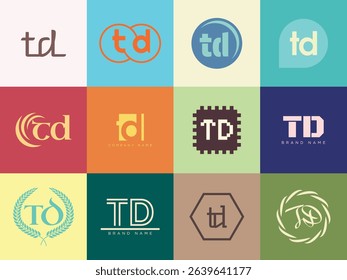 TD logo company template. Letter t and d logotype. Set different classic serif lettering and modern bold text with design elements. Initial font typography. Collection trendy business identity.