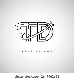 Logotipo do Monograma da Órbita de TD - Marca de Letra Mínima Futurista com Linha de Arte Circular, Pontos Inspirados na Tecnologia e Conceito de Movimento Espacial para Identidade de Marca Moderna
