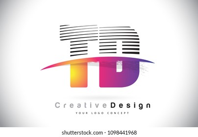 TD T D Letter Logo Design With Creative Lines and Swosh in Purple Brush Color Vector Illustration.