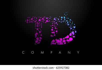 TD T D Letter Logo with Purple Blue Particles and Bubble Dots Design Vector.
