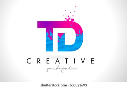TD T D Letter Logo with Broken Shattered Blue Pink Triangles Texture Design Vector Illustration.