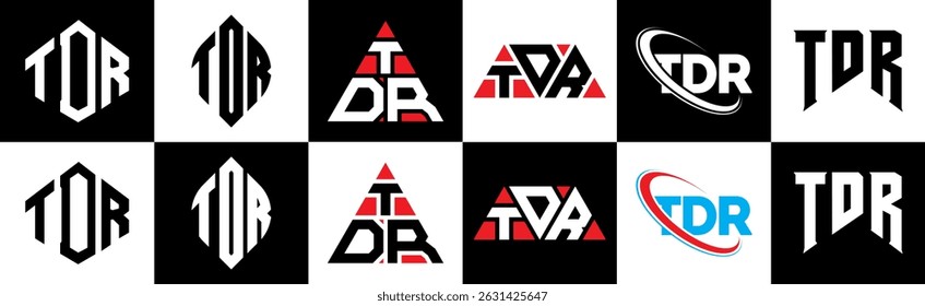Diseño del logotipo de la letra de TDR en seis estilos. TDR polígono, círculo, triángulo, hexágono, estilo plano y simple con logo de letra de variación de color blanco y negro en una mesa de trabajo. Logotipo clásico y minimalista de TDR