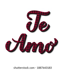 Te Amo calligraphy hand lettering. Red buffalo pattern. I Love You inscription in Spanish. Vector template for Valentines day poster, banner, postcard, greeting card, flyer, t shirt, sticker, etc.