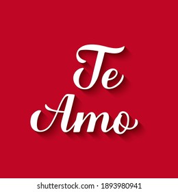 Te Amo calligraphy hand lettering on red background. I Love You in Spanish. Valentines day typography poster. Vector template for banner, postcard, greeting card, logo design, flyer, etc.