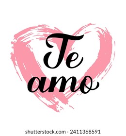 Te Amo calligraphy hand lettering on grunge heart. I Love You inscription in Spanish. Valentines day greeting card. Vector template for banner, postcard, typography poster, shirt, flyer, sticker, etc