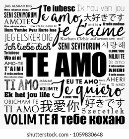 Te amo (I Love You in Spanish) in different languages of the world, word cloud background