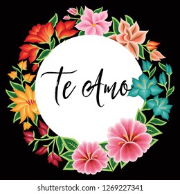 Te Amo (I Love You in Spanish) Embroidery Style from Oaxaca, Mexico - Floral Composition – Copy Space