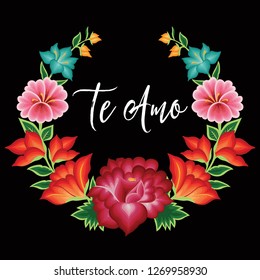 Te Amo (I Love You in Spanish) Card. Embroidery Style from Oaxaca, Mexico - Floral Composition – Copy Space