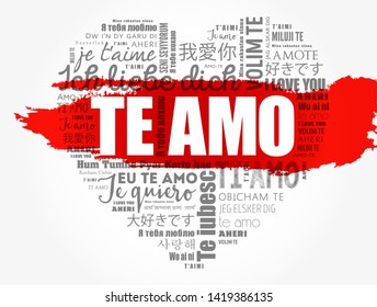 Te amo (I Love You in Spanish) love heart word cloud in different languages of the world