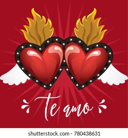 Te Amo (I Love You in Spanish) Colorful Mexican Traditional Brass Hearts Composition from San Miguel de Allende; México – Copy Space 