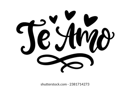 Te Amo I love you in Spanish modern hand written brush lettering, isolated on white background. Ink calligraphy. Tee shirt print, typography card, poster design. Vector illustration.