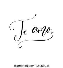 Te amo - i love you in Spanish language. Modern calligraphy for Valentine's day card. Vector typography isolated on white background