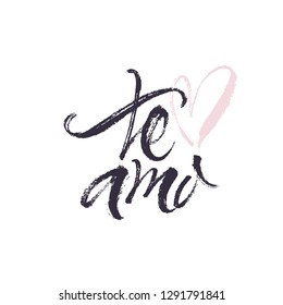 Te Amo quote which means I love you in Spanish. Wedding and Valentine's Day greeting card. Inspirational love quote. Vector handwritten calligraphic brush typography.