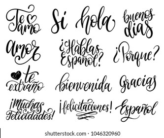 Te Amo, Si, Hola, Porque, Bienvenida, Felicitaciones, Gracias translated from Spanish handwritten phrases Why, Hello, I Love You etc. Vector calligraphy set on white background.