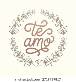 Der spanische Amo-Phrasenvektor. Blumenkranz mit Herzen und minimalistischem Kalligrafiedesign