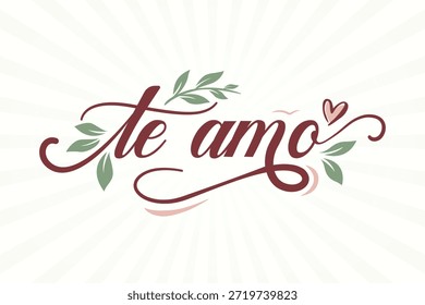 Die spanische Amo-Text-Vektorgrafik. Elegante Kalligrafie mit Blättern und Herzen Grußkarte