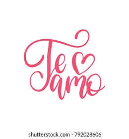 Te Amo translated from Spanish I Love You hand lettering on white background. Valentines day typography for greeting card template or poster concept.